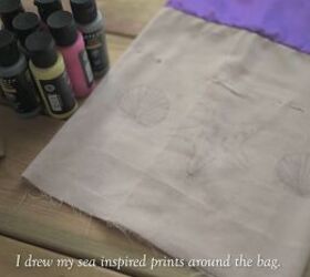 make your own sea inspired bucket bag, Draw seashells on the fabric