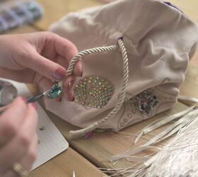 make your own sea inspired bucket bag, Add stones to the ends