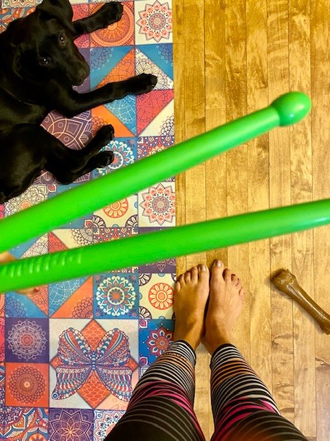 workout wear, Maize always wants to join in and loves laying on my yoga mat Rip Stix for my Pound Fit workout