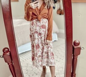 1 pink floral skirt 3 ways, This orange top really made the orange in the skirt pop out I always love knotting a top over a skirt as well especially with a baby bump