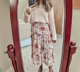 1 pink floral skirt 3 ways, A chunky sweater with a midi skirt looks so romantic This neutral sweater from Pinkblush is perfect with this skirt