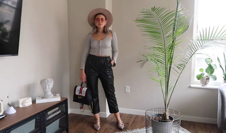 trendy ways to style black leather pants, Easy leather pants style