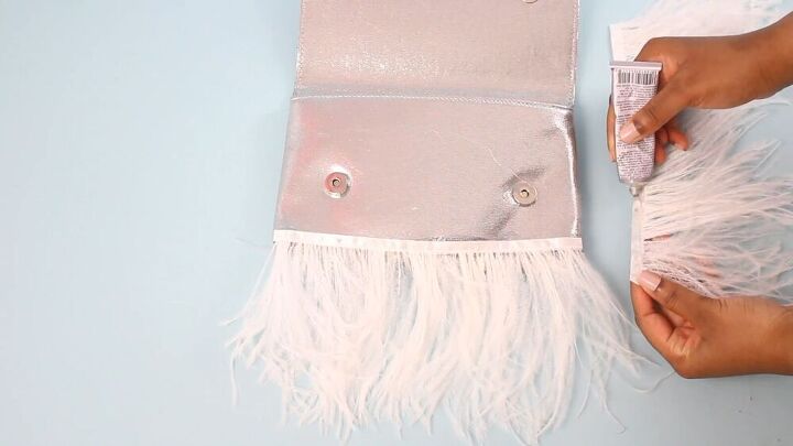make a diy feather clutch in just 3 super simple steps, Grey feather clutch bag