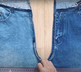 mens jeans to denim jumpsuit thrift flip transformation, Mark the crotch seam