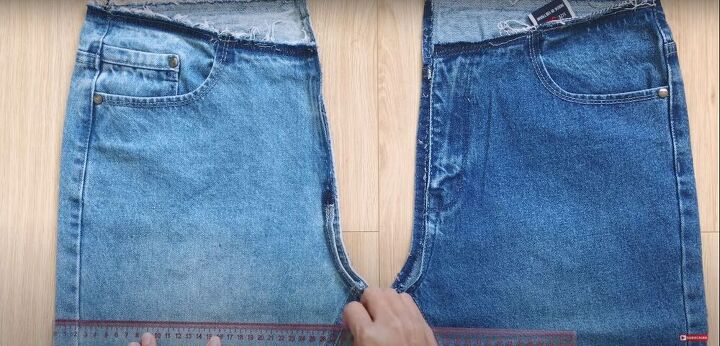 mens jeans to denim jumpsuit thrift flip transformation, Mark the crotch seam