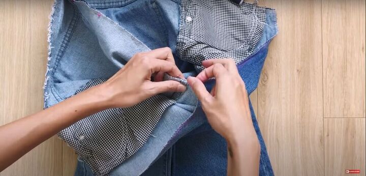 mens jeans to denim jumpsuit thrift flip transformation, Pin the legs together