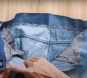 mens jeans to denim jumpsuit thrift flip transformation, Pin the top and bottom together