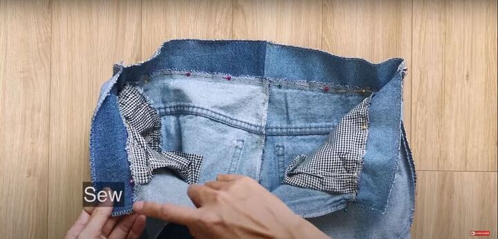 mens jeans to denim jumpsuit thrift flip transformation, Pin the top and bottom together