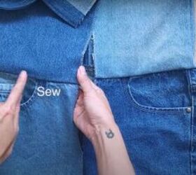 mens jeans to denim jumpsuit thrift flip transformation, Sew a second seam