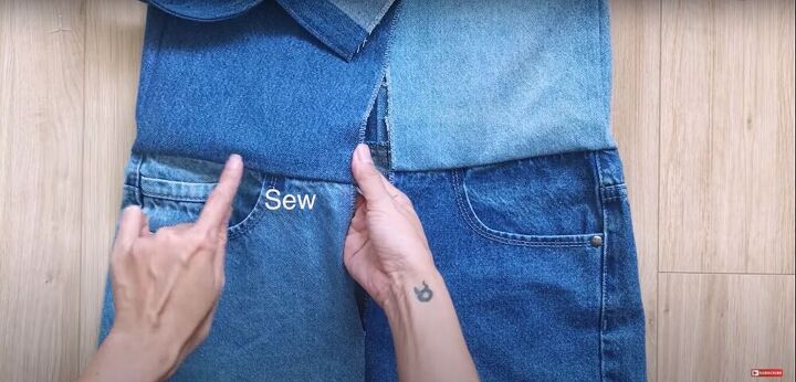 mens jeans to denim jumpsuit thrift flip transformation, Sew a second seam