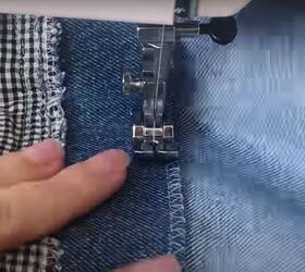 mens jeans to denim jumpsuit thrift flip transformation, Sew a third seam