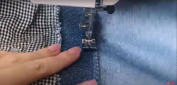 mens jeans to denim jumpsuit thrift flip transformation, Sew a third seam