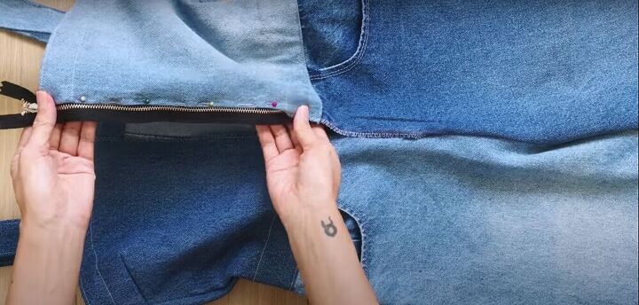 mens jeans to denim jumpsuit thrift flip transformation, Attach the zipper