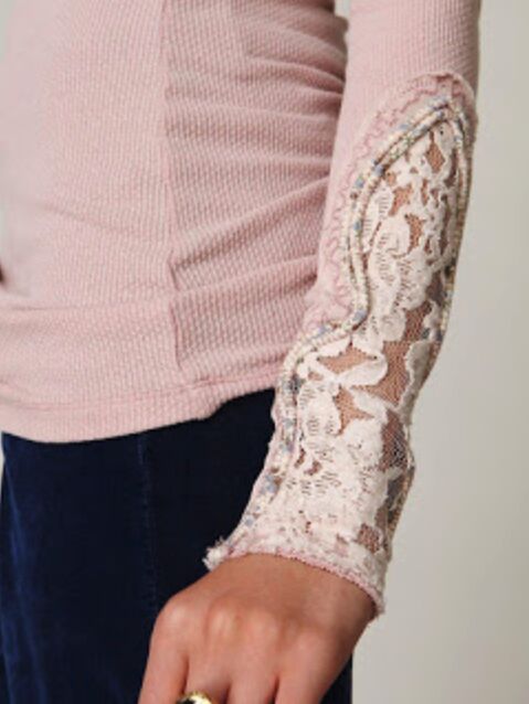 refashion diy upcycled waffle knit top with lace insert sleeve cuffs