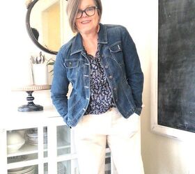 how to style denim jacket and open v neck blouse