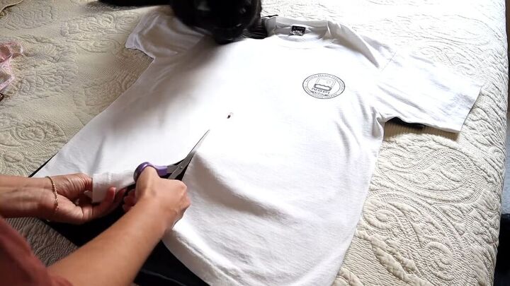 how to easily make a diy half and half t shirt at home, Cutting the t shirt in half