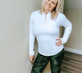 sharing several options for workout wear on a budget, Camo leggings and white running jacket