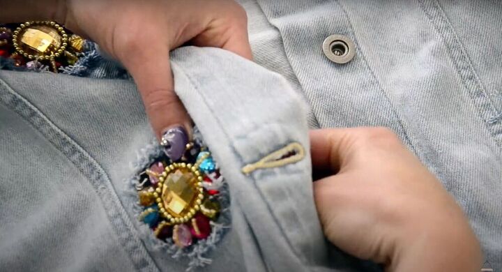 pretty flower crystals on a diy jean jacket, DIY jean jacket transformation