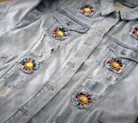 pretty flower crystals on a diy jean jacket, How to make a DIY jean jacket