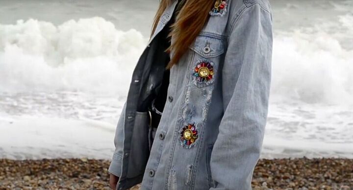 pretty flower crystals on a diy jean jacket