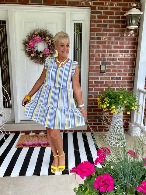 lemon print summer styling, Striped Dress Loft Neon Yellow Sandals Amazon