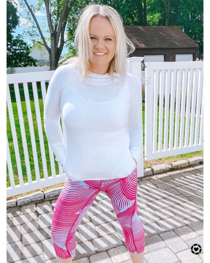 inclusive workout wear for women of all body types, Bright pink purple leggings with white top