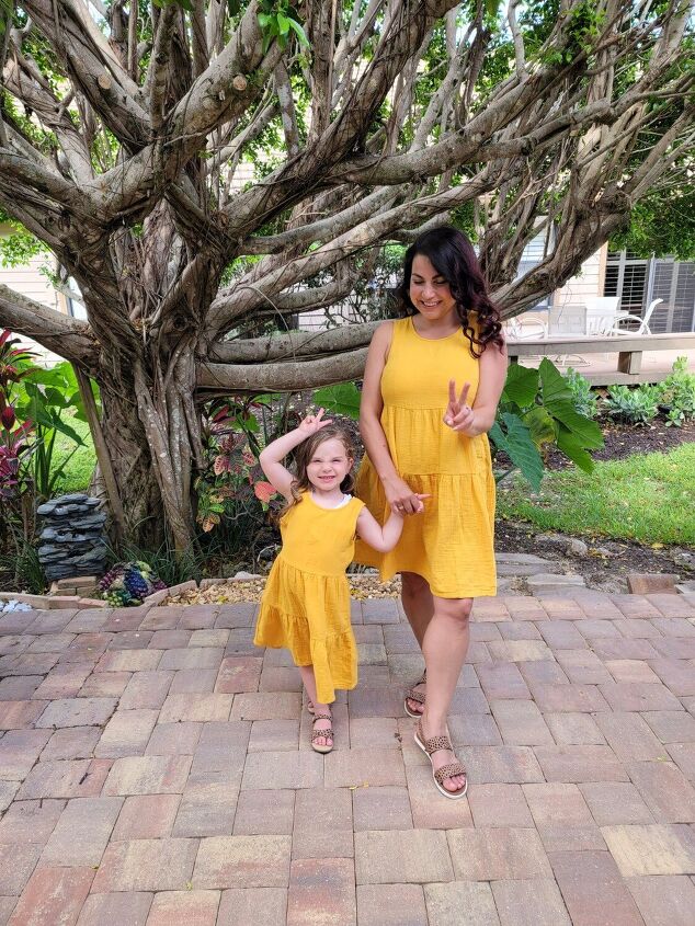 three yellow summer matching outfits for me and mini mix match