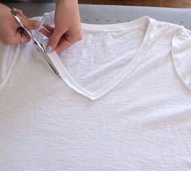 3 quick easy diy t shirt hacks that will transform your old tees, Cutting out the collar of the t shirt