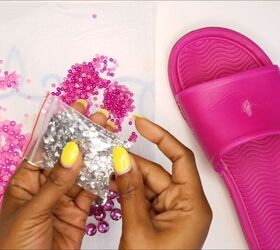 heres how to make these exquisite rhinestone nike slides, Make rhinestone Nike slides