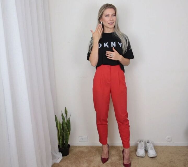 how to style red pants outfits the 10 best colors to wear with red, Red pants with a black t shirt