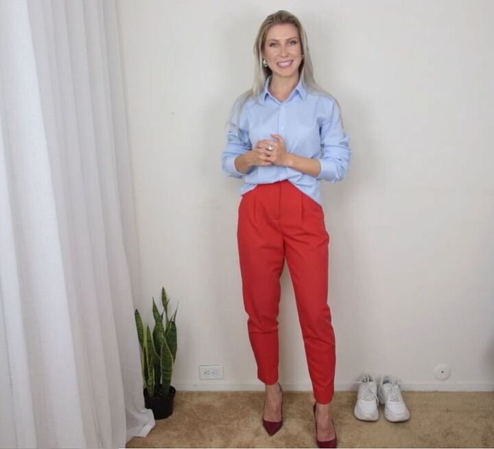 how to style red pants outfits the 10 best colors to wear with red, Styling red pants with a light blue shirt