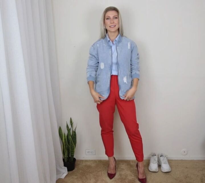 how to style red pants outfits the 10 best colors to wear with red, Red pants outfit with a denim shirt