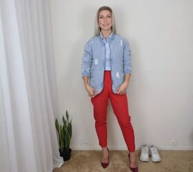 grey shirt red pants