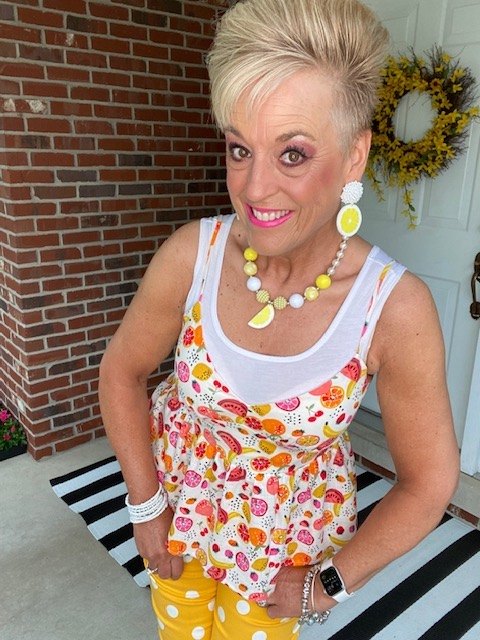 stylish monday and linkup party, Lemon Earrings and Necklace Etsy Cora s Den White Top Half Tee My Closet Polka Dot Pants Versona Fruity Camisole Loft