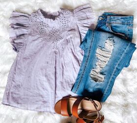 sharing three casual and chic looks for the summer, Eyelet top and distressed jeans