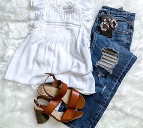 sharing three casual and chic looks for the summer, White ruffle top and distressed jeans