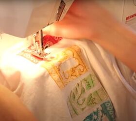 how to make super cute diy graphic tees using old bandanas, Sewing the letters onto the t shirt with a sewing machine