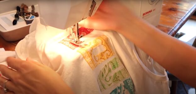 how to make super cute diy graphic tees using old bandanas, Sewing the letters onto the t shirt with a sewing machine