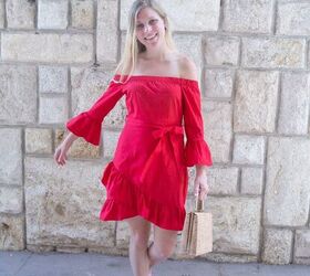 off the shoulder red dress, Shop this Look Similar off the Shoulder Red Dress Similar Gingham Sandals Similar Cork Purse Pineapple Earrings