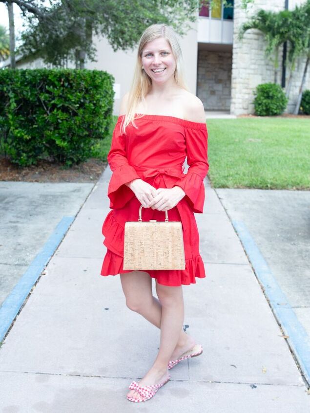 off the shoulder red dress, Shop this Look Similar off the Shoulder Red Dress Similar Gingham Sandals Similar Cork Purse Pineapple Earrings
