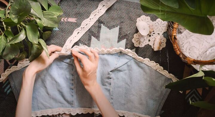 upcycle jeans to make a pretty romantic sunflower top, Upcycle jeans into a top