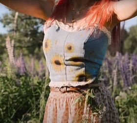 upcycle jeans to make a pretty romantic sunflower top, How to upcycle jeans to make a cute top