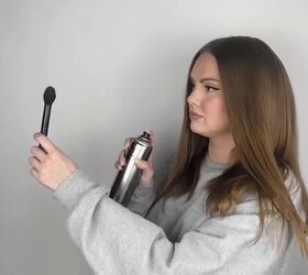 hair hack how to add volume to hair yes even really fine hair, Spraying hair spray onto a makeup brush