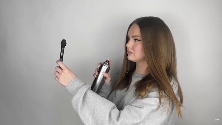 hair hack how to add volume to hair yes even really fine hair, Spraying hair spray onto a makeup brush