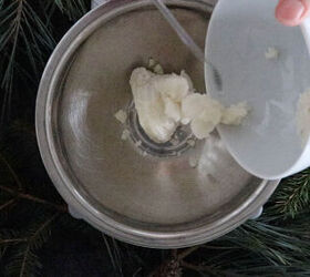 diy whipped body butter recipe for winter skincare, adding mango butter to the mixture