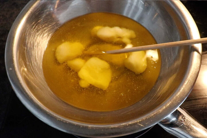 diy whipped body butter recipe for winter skincare, melting butter in a double boiler