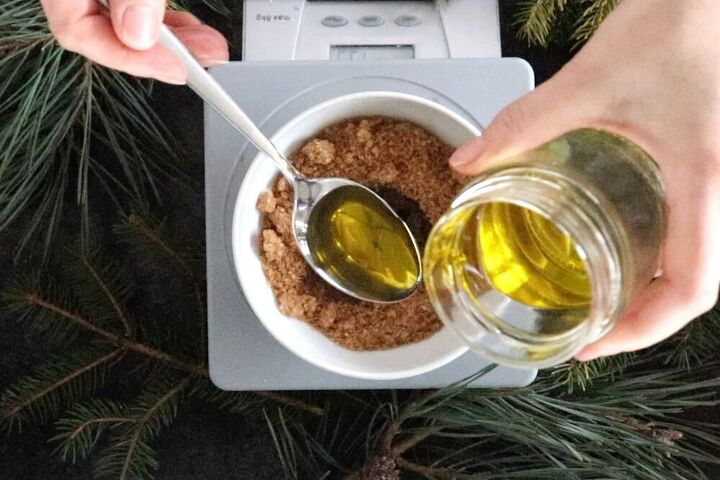 warming brown sugar body scrub for glowing skin, adding pine needle oil to the mixture