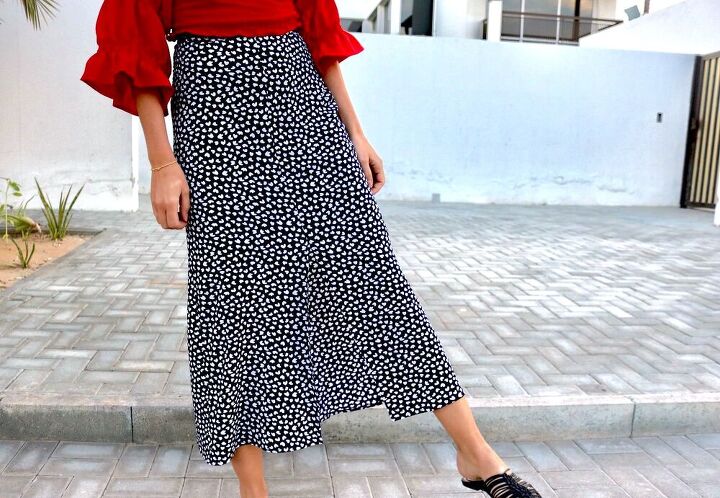 how to easy midi skirt with front slit shirred waist