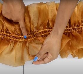 this easy to make ruffle scarf also works as a fierce bolero jacket, Sewing the ribbons to secure them