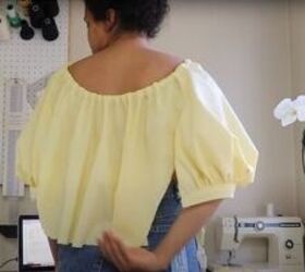 how to sew a beautiful cecilie bahnsen dress out of an old bedsheet, Trying on the dress bodice to check the fit